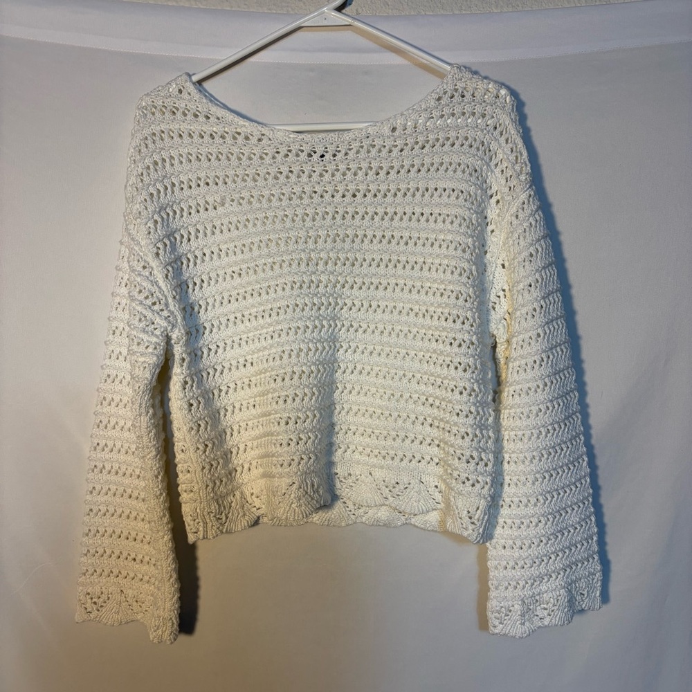 American Eagle White Crochet Knit Sweater | Small | Cotton Blend